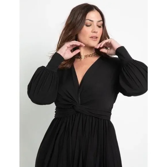 Eloquii Black Wrap Dress with Pleated Sleeves - Picture 2 of 8